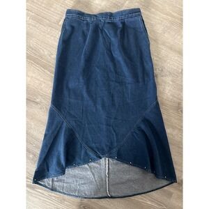 Vintage Denim High Low Maxi‎ Skirt XL Blue Studded Tulip Hem Made in USA 32x37